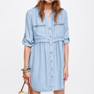 Zara Tencel denim shirt dress with beaded accents on the front pockets